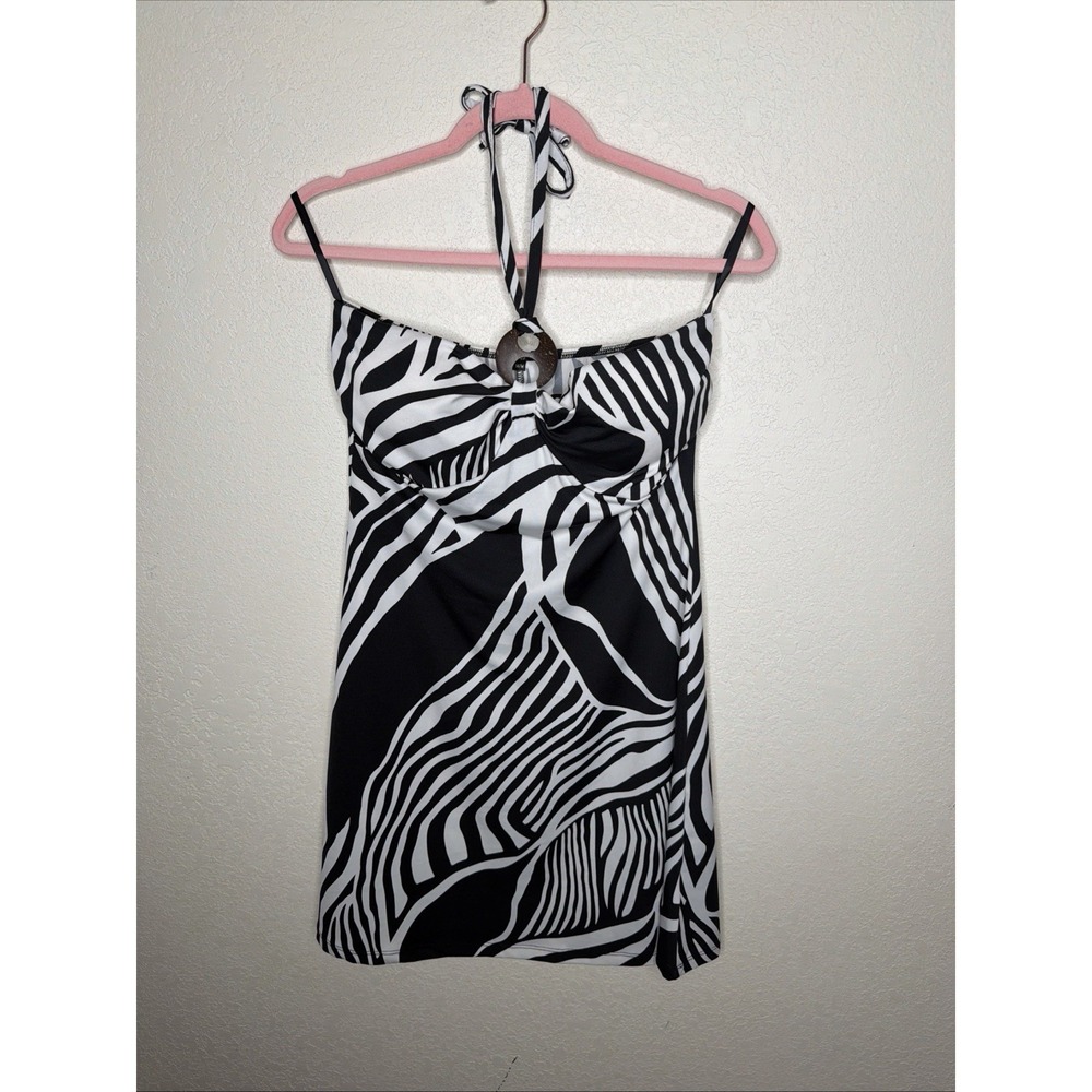Rapz Ring Neck Swim‎ Dress Womens M Halter Style Bra Cup Support Zebra Stripes